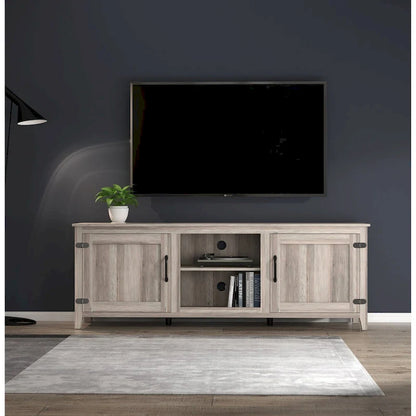 Meuble TV Mieres pour téléviseur 75 pouces, centre multimédia avec deux portes et quatre compartiments de rangement ouverts, console TV.