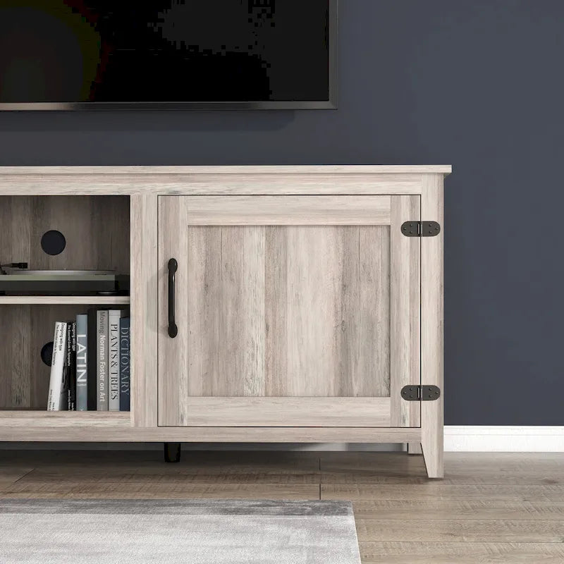 Meuble TV Mieres pour téléviseur 75 pouces, centre multimédia avec deux portes et quatre compartiments de rangement ouverts, console TV.