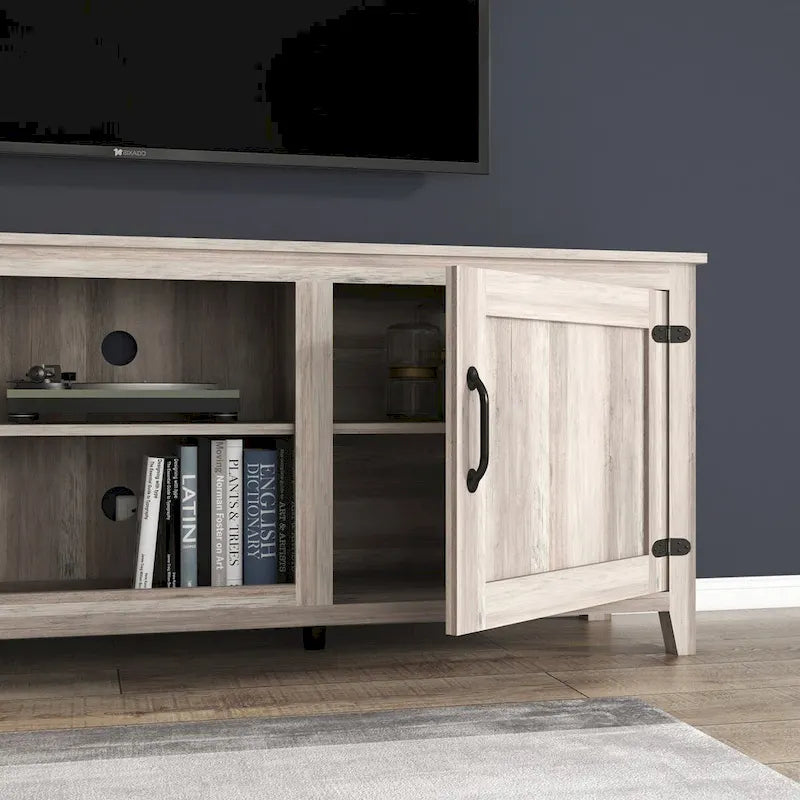 Meuble TV Mieres pour téléviseur 75 pouces, centre multimédia avec deux portes et quatre compartiments de rangement ouverts, console TV.