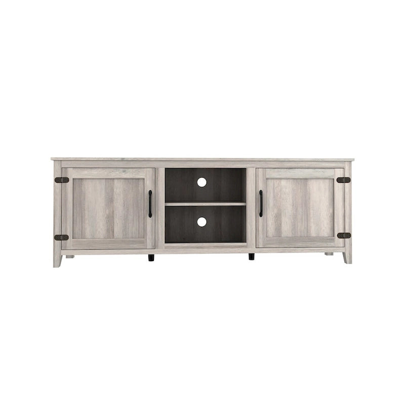 Meuble TV Mieres pour téléviseur 75 pouces, centre multimédia avec deux portes et quatre compartiments de rangement ouverts, console TV.