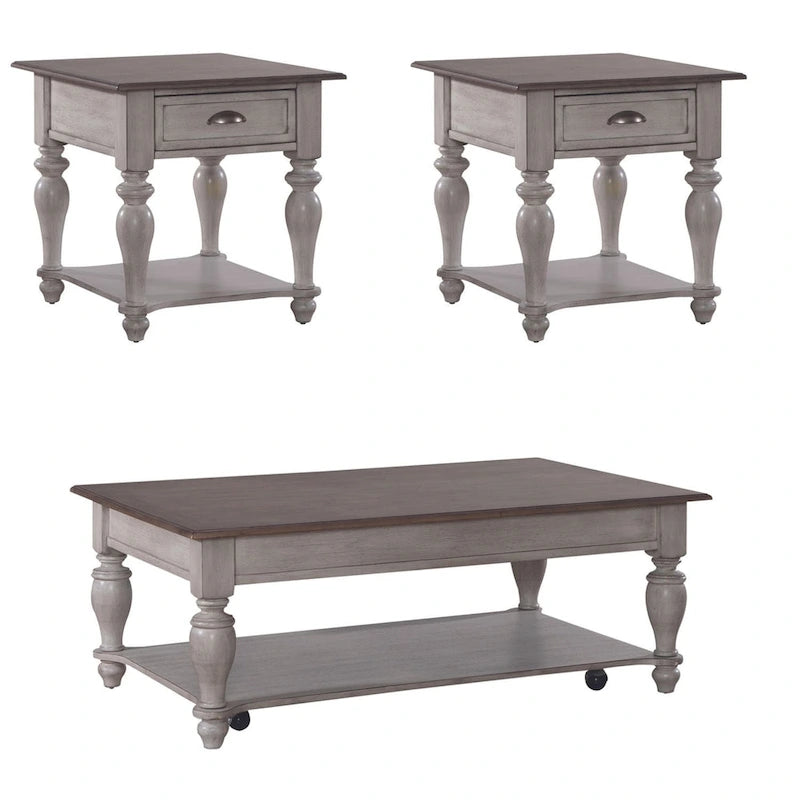 Ensemble de table basse 3 pièces Ocean Isle, blanc antique et pin vieilli