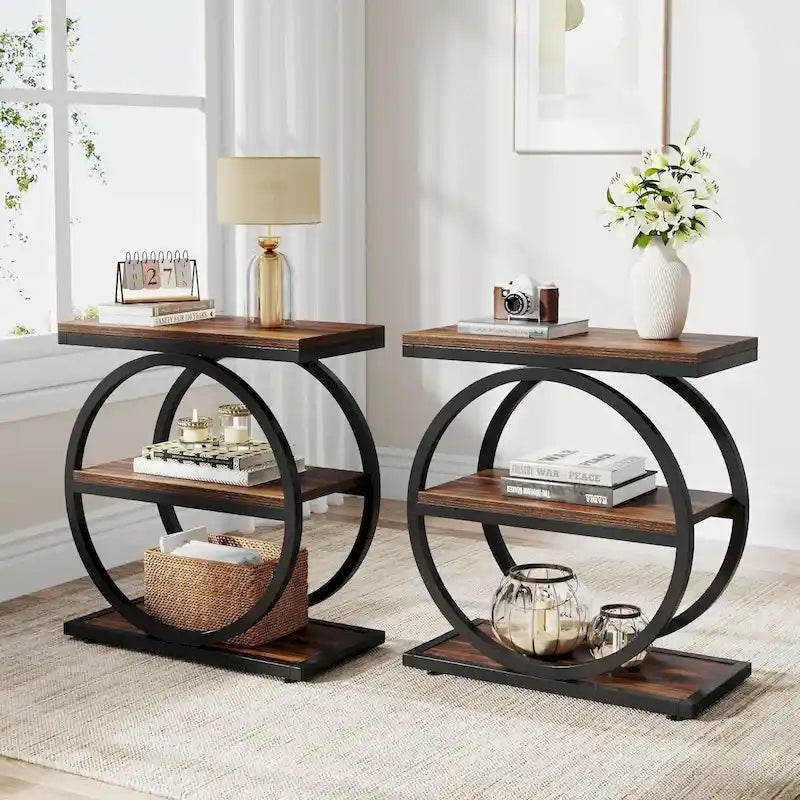 Table d'appoint étroite en bois avec 3 étagères de rangement