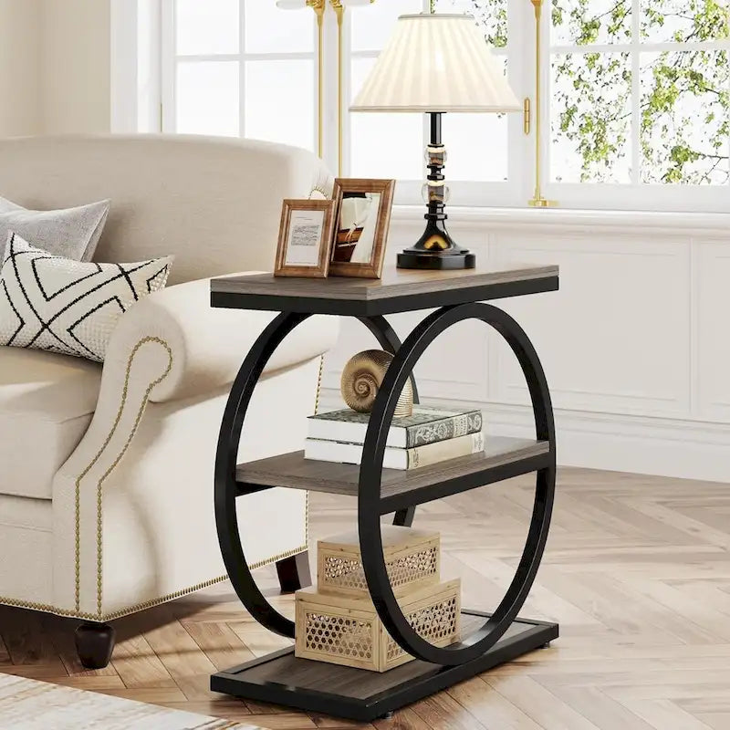 Table d'appoint étroite en bois avec 3 étagères de rangement