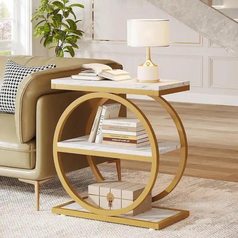 Table d'appoint étroite en bois avec 3 étagères de rangement