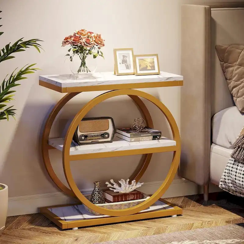 Table d'appoint étroite en bois avec 3 étagères de rangement