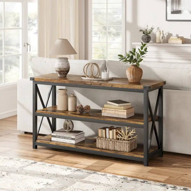 Console étroite et longue avec rangement, table basse en bois à 3 niveaux