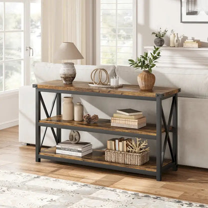 Console étroite et longue avec rangement, table basse en bois à 3 niveaux