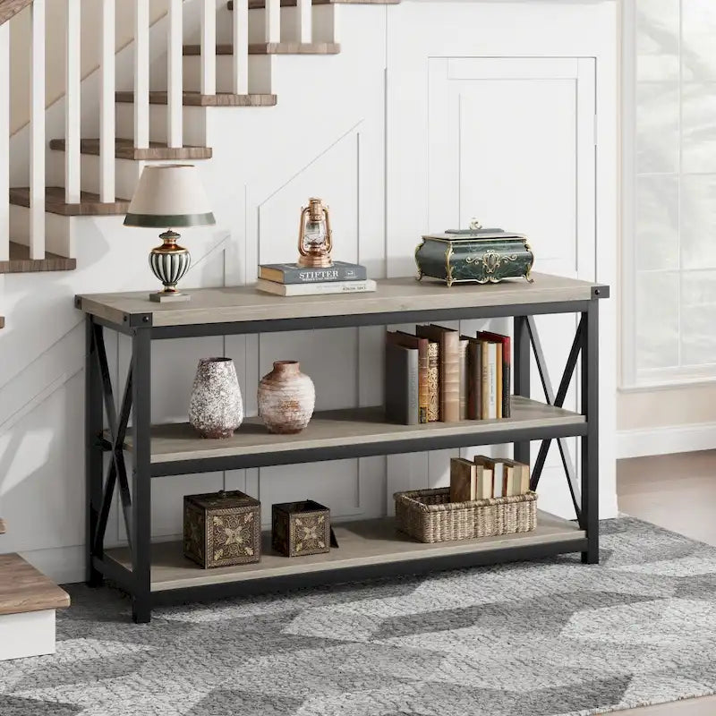 Console étroite et longue avec rangement, table basse en bois à 3 niveaux