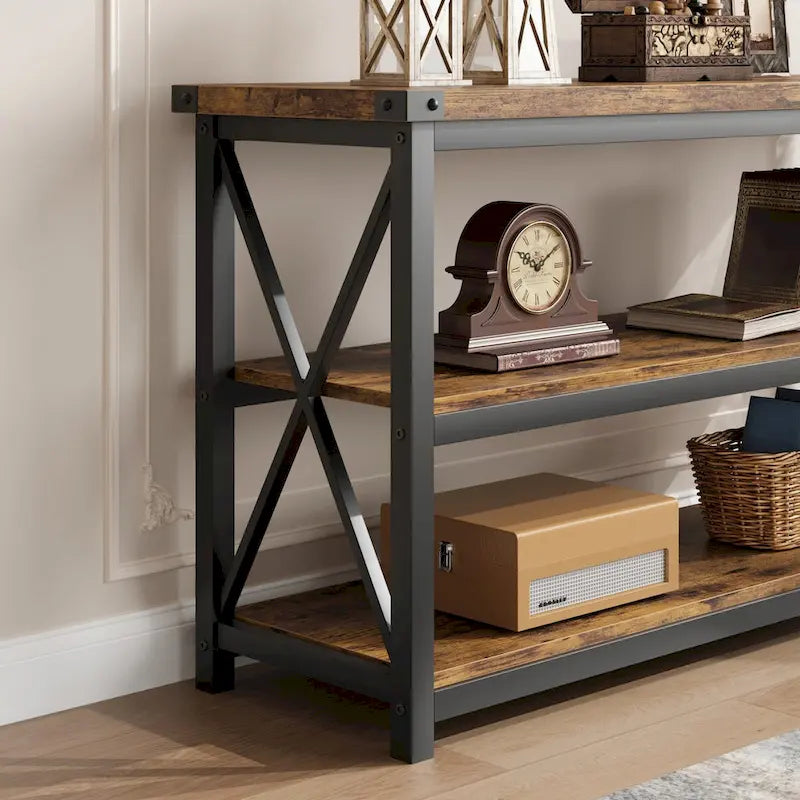 Console étroite et longue avec rangement, table basse en bois à 3 niveaux