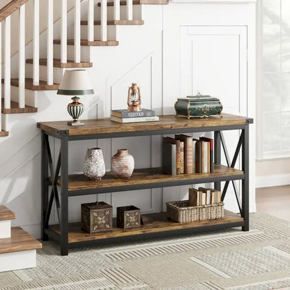 Console étroite et longue avec rangement, table basse en bois à 3 niveaux