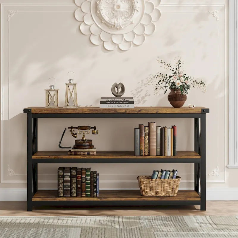 Console étroite et longue avec rangement, table basse en bois à 3 niveaux