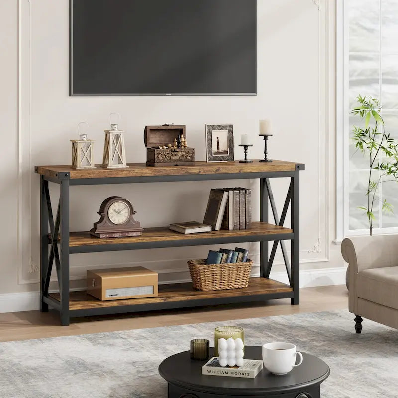 Console étroite et longue avec rangement, table basse en bois à 3 niveaux