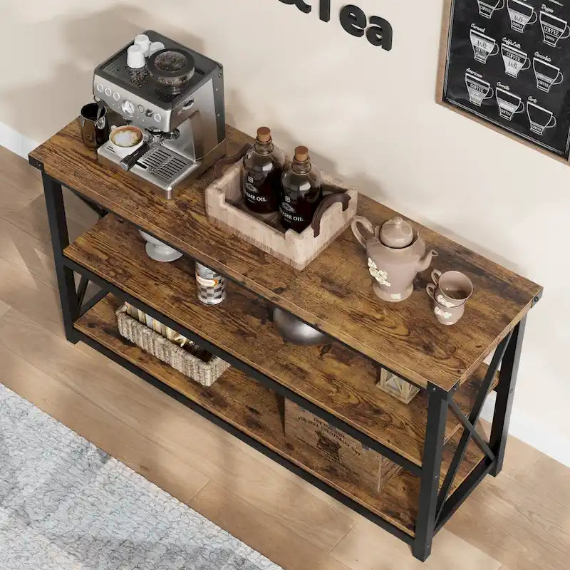 Console étroite et longue avec rangement, table basse en bois à 3 niveaux