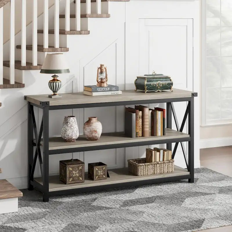 Console étroite et longue avec rangement, table basse en bois à 3 niveaux