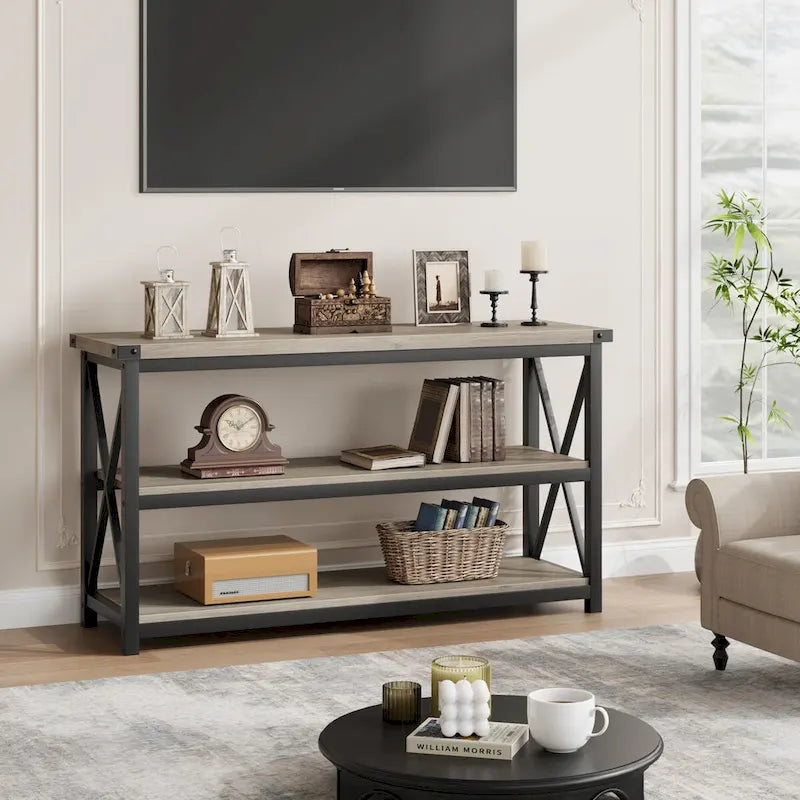 Console étroite et longue avec rangement, table basse en bois à 3 niveaux