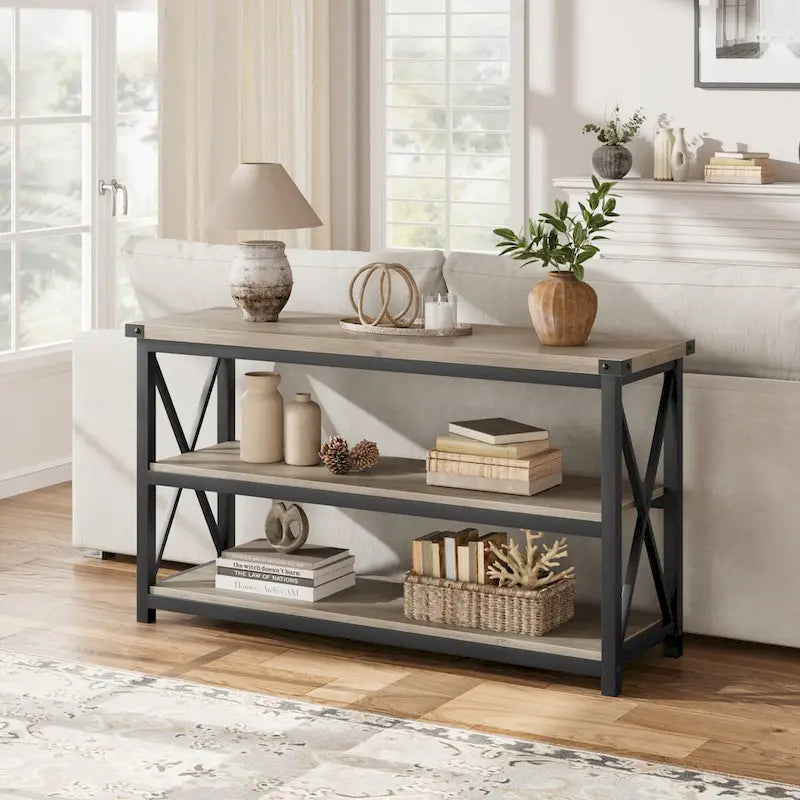 Console étroite et longue avec rangement, table basse en bois à 3 niveaux