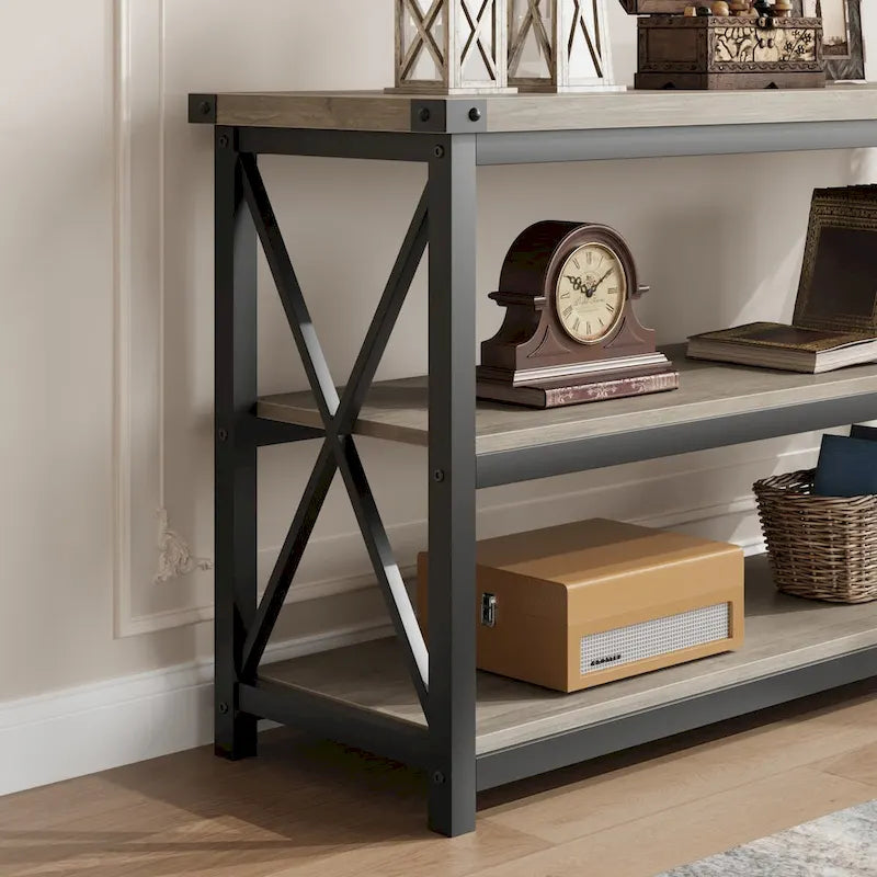 Console étroite et longue avec rangement, table basse en bois à 3 niveaux
