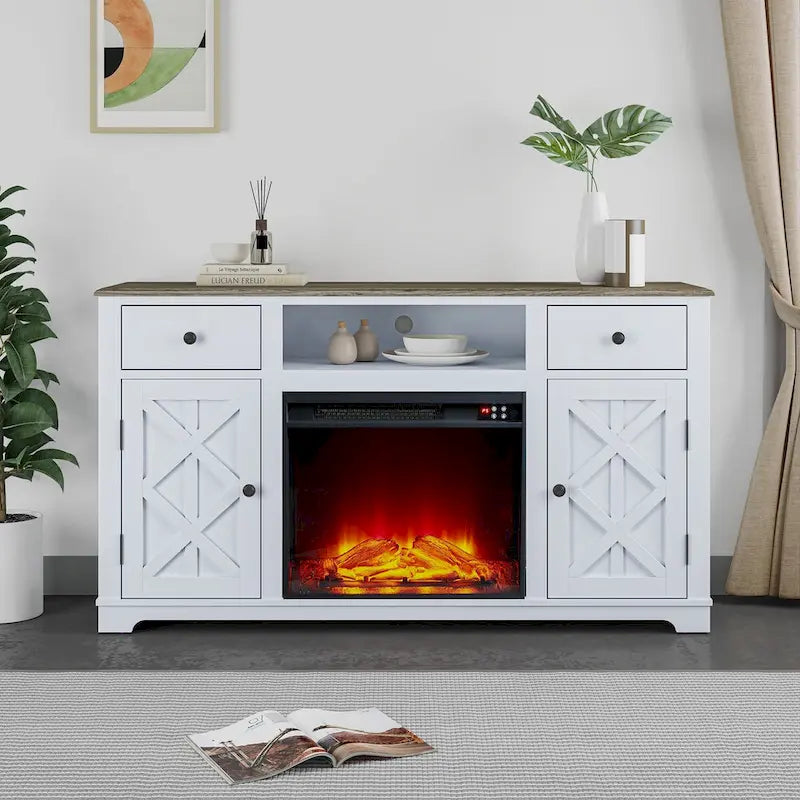Meuble TV style ferme avec cheminée pour téléviseur jusqu'à 65 pouces - 60 cm (L) x 33 cm (H) x 15,5 cm (P)