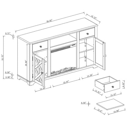 Meuble TV style ferme avec cheminée pour téléviseur jusqu'à 65 pouces - 60 cm (L) x 33 cm (H) x 15,5 cm (P)