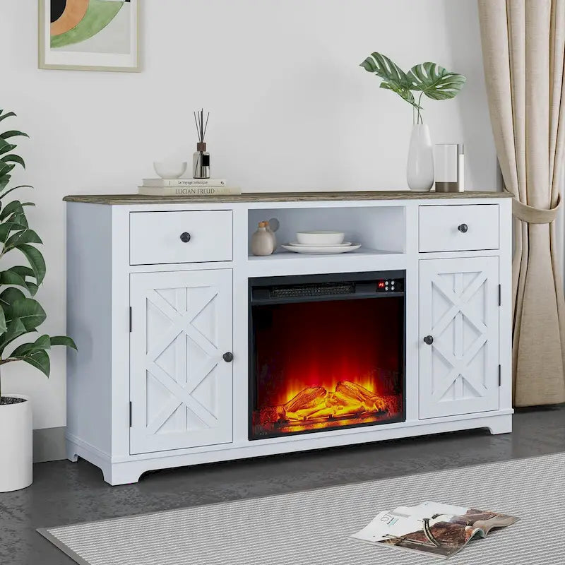 Meuble TV style ferme avec cheminée pour téléviseur jusqu'à 65 pouces - 60 cm (L) x 33 cm (H) x 15,5 cm (P)