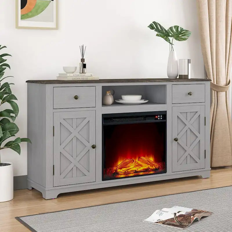 Meuble TV style ferme avec cheminée pour téléviseur jusqu'à 65 pouces - 60 cm (L) x 33 cm (H) x 15,5 cm (P)