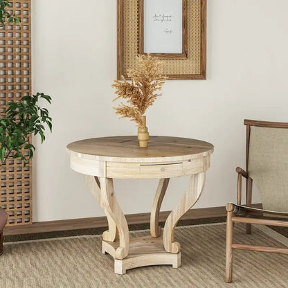 Table de salle à manger ronde de style campagnard, petite taille, pieds incurvés - Bois naturel