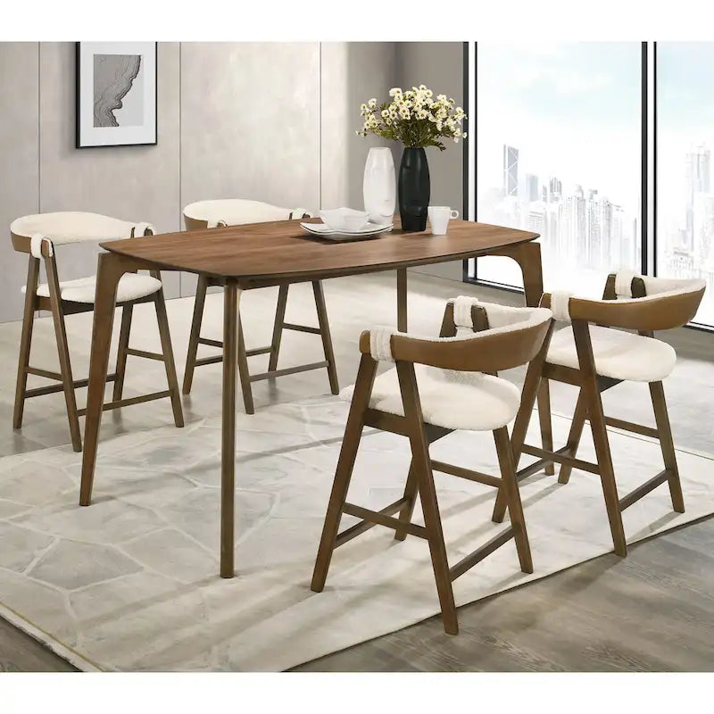 Ensemble table haute de comptoir 5 pièces en noyer, style milieu du siècle, de la marque Furniture of America Shaw, avec 4 chaises.