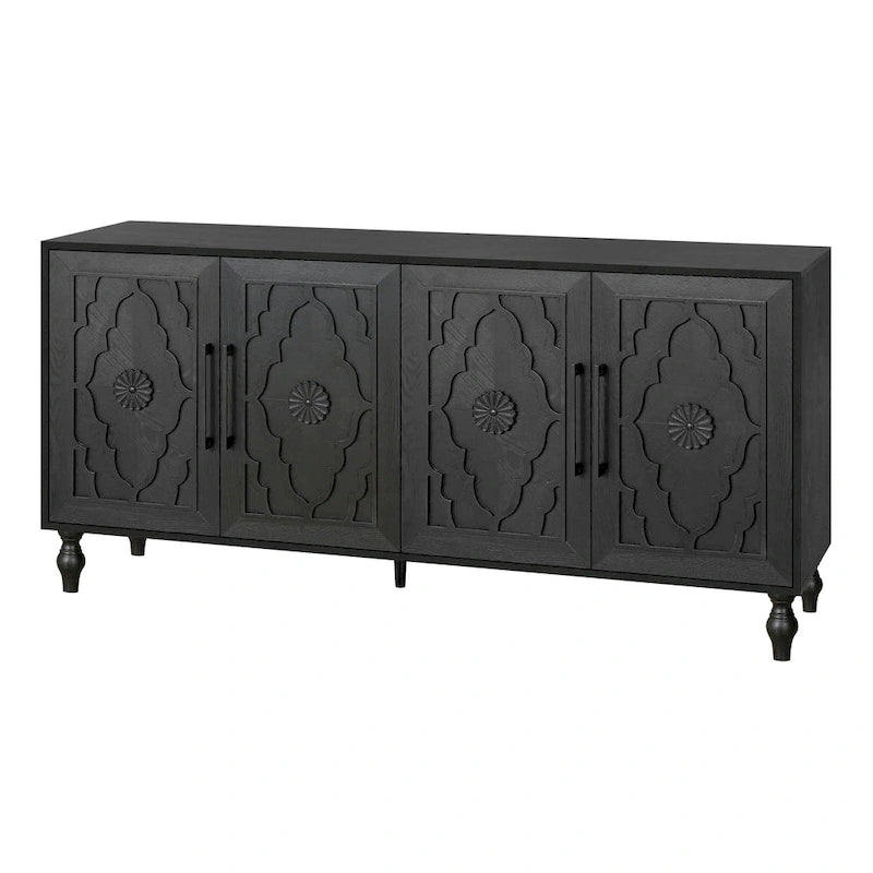 Grand meuble de rangement avec porte à motif floral sculpté et poignée en métal