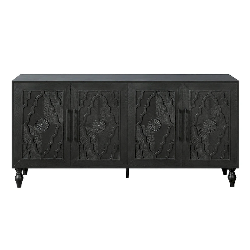 Grand meuble de rangement avec porte à motif floral sculpté et poignée en métal