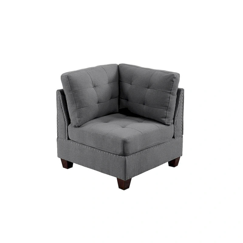 Fauteuil d'angle modulaire Lemy 32 pouces, revêtement gris capitonné, bois massif