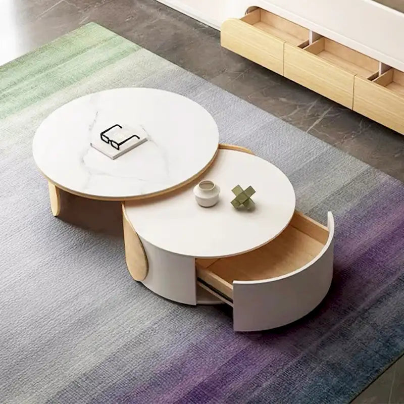 Table basse ronde moderne, plateau en pierre, bois naturel - 50 x 31,5