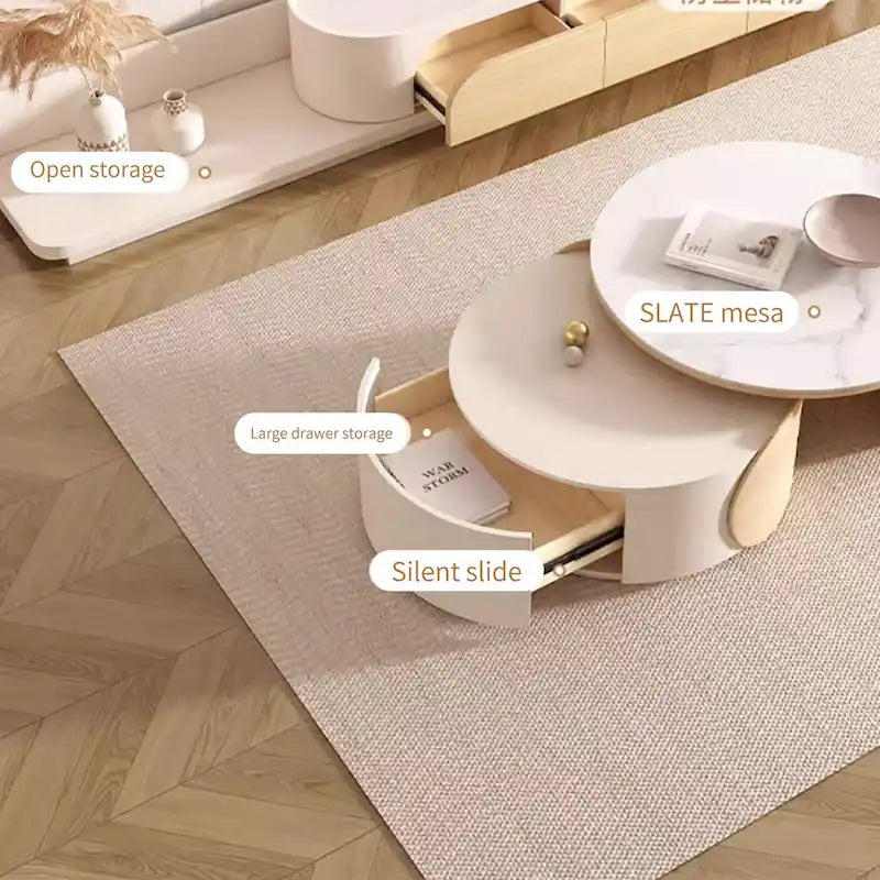 Table basse ronde moderne, plateau en pierre, bois naturel - 50 x 31,5