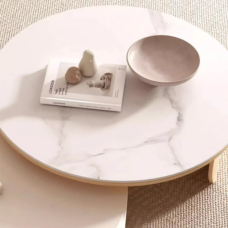 Table basse ronde moderne, plateau en pierre, bois naturel - 50 x 31,5