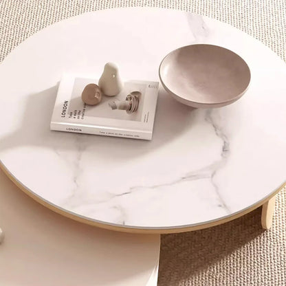 Table basse ronde moderne, plateau en pierre, bois naturel - 50 x 31,5