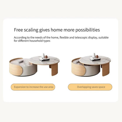 Table basse ronde moderne, plateau en pierre, bois naturel - 50 x 31,5