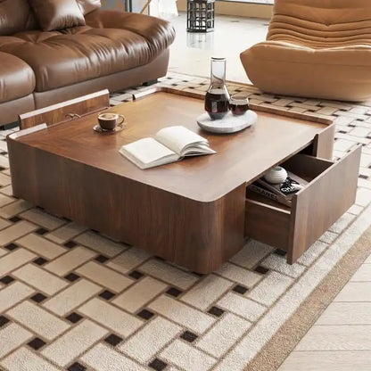 Industrial Walnut Coffee Table with Hidden Drawers - 39.37x39.37x12.6