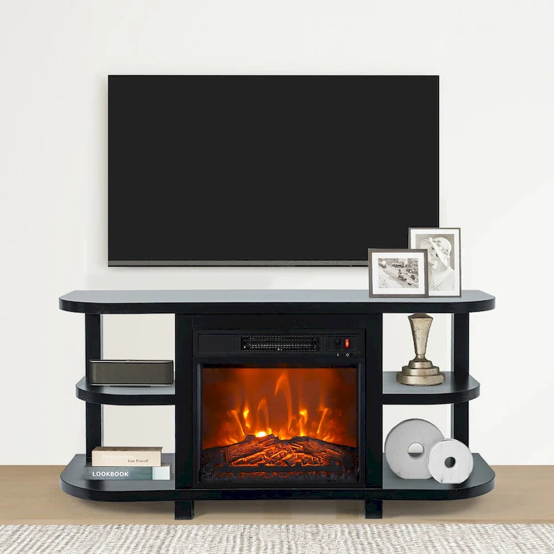 Meuble TV moderne noir avec cheminée électrique intégrée, console multimédia pour téléviseurs jusqu'à 55 pouces