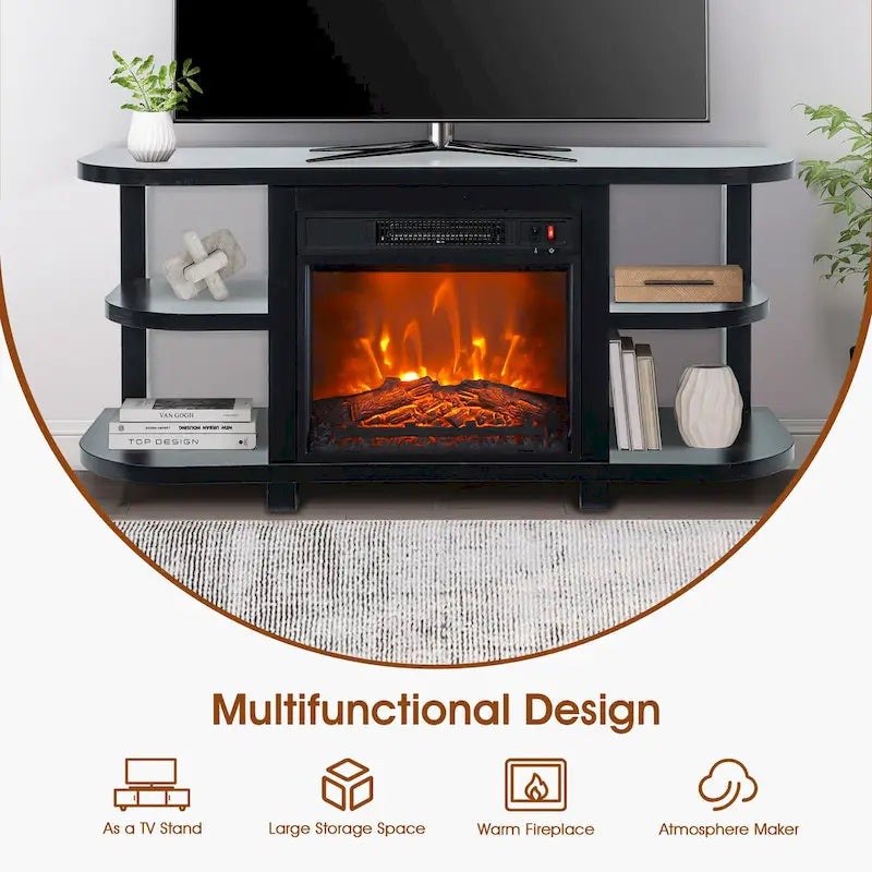 Meuble TV moderne noir avec cheminée électrique intégrée, console multimédia pour téléviseurs jusqu'à 55 pouces