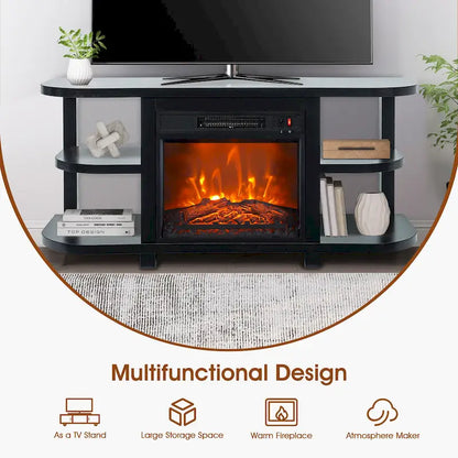 Meuble TV moderne noir avec cheminée électrique intégrée, console multimédia pour téléviseurs jusqu'à 55 pouces