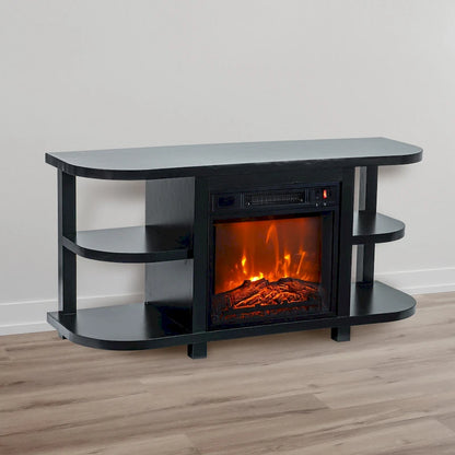 Meuble TV moderne noir avec cheminée électrique intégrée, console multimédia pour téléviseurs jusqu'à 55 pouces