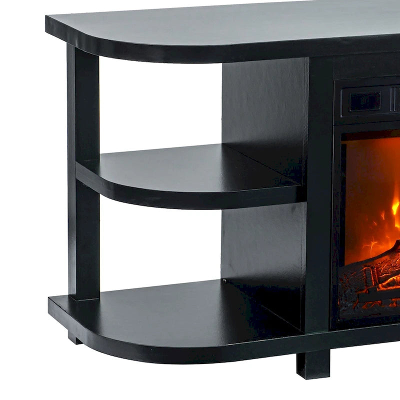 Meuble TV moderne noir avec cheminée électrique intégrée, console multimédia pour téléviseurs jusqu'à 55 pouces