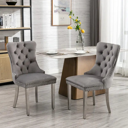 Chaise de salle à manger contemporaine haut de gamme en bois massif capitonné, revêtue de velours et dotée de pieds en acier inoxydable chromé, lot de 2