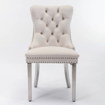 Chaise de salle à manger contemporaine haut de gamme en bois massif capitonné, revêtue de velours et dotée de pieds en acier inoxydable chromé, lot de 2