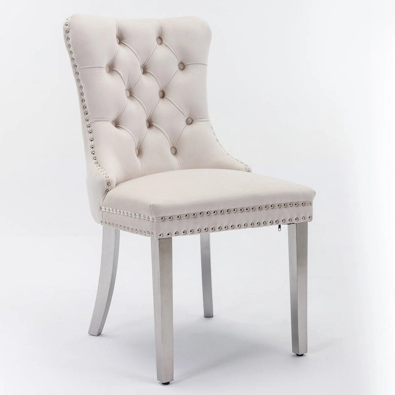 Chaise de salle à manger contemporaine haut de gamme en bois massif capitonné, revêtue de velours et dotée de pieds en acier inoxydable chromé, lot de 2
