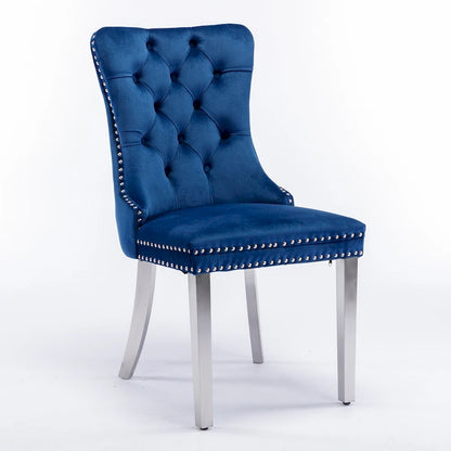 Chaise de salle à manger contemporaine haut de gamme en bois massif capitonné, revêtue de velours et dotée de pieds en acier inoxydable chromé, lot de 2