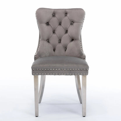 Chaise de salle à manger contemporaine haut de gamme en bois massif capitonné, revêtue de velours et dotée de pieds en acier inoxydable chromé, lot de 2