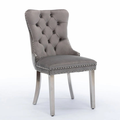 Chaise de salle à manger contemporaine haut de gamme en bois massif capitonné, revêtue de velours et dotée de pieds en acier inoxydable chromé, lot de 2