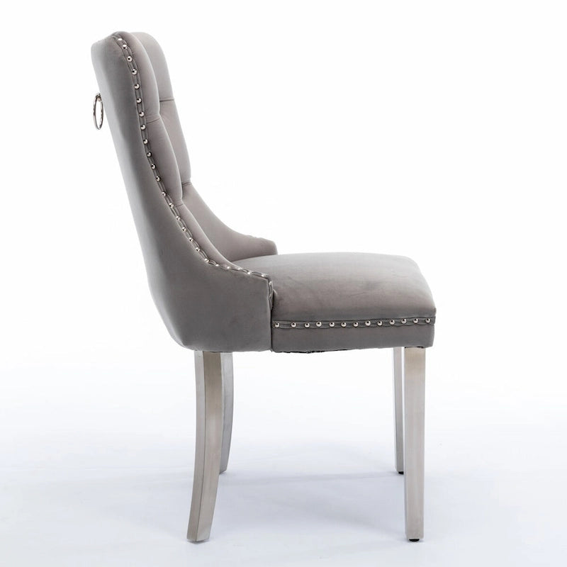 Chaise de salle à manger contemporaine haut de gamme en bois massif capitonné, revêtue de velours et dotée de pieds en acier inoxydable chromé, lot de 2