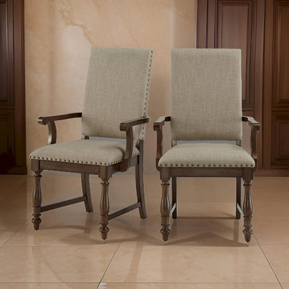 Tom 26 Inch Dining Armchair, Beige Polyester, Nailheads, Brown Solid Wood