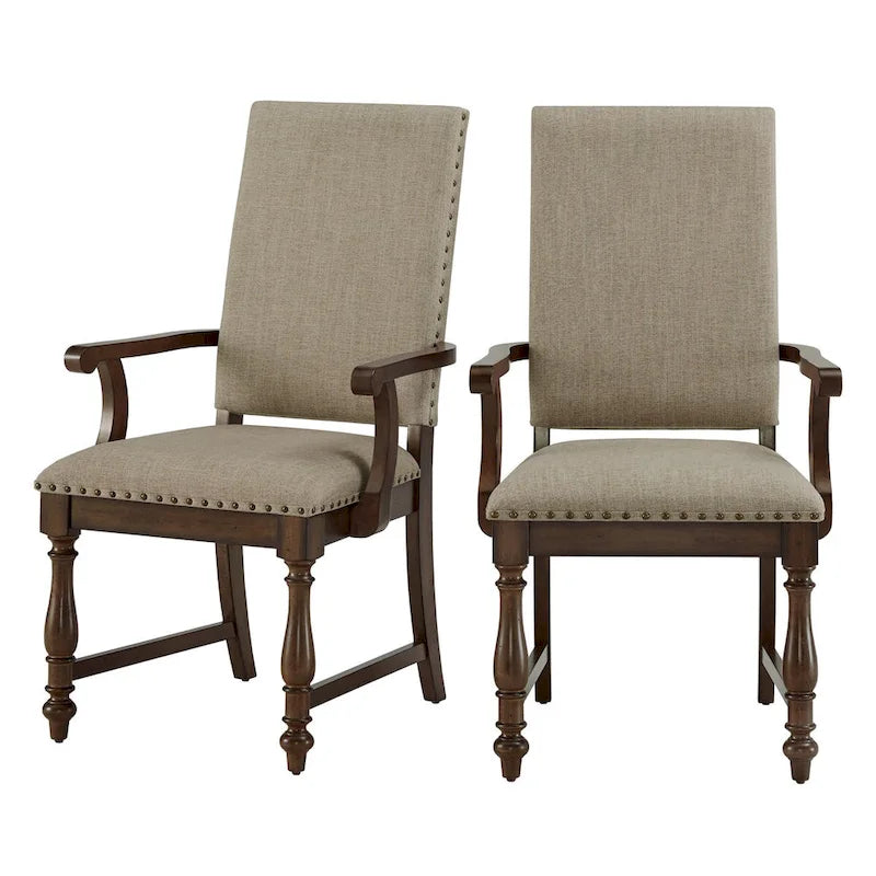 Fauteuil de salle à manger Tom 66 cm, polyester beige, clous décoratifs, bois massif marron